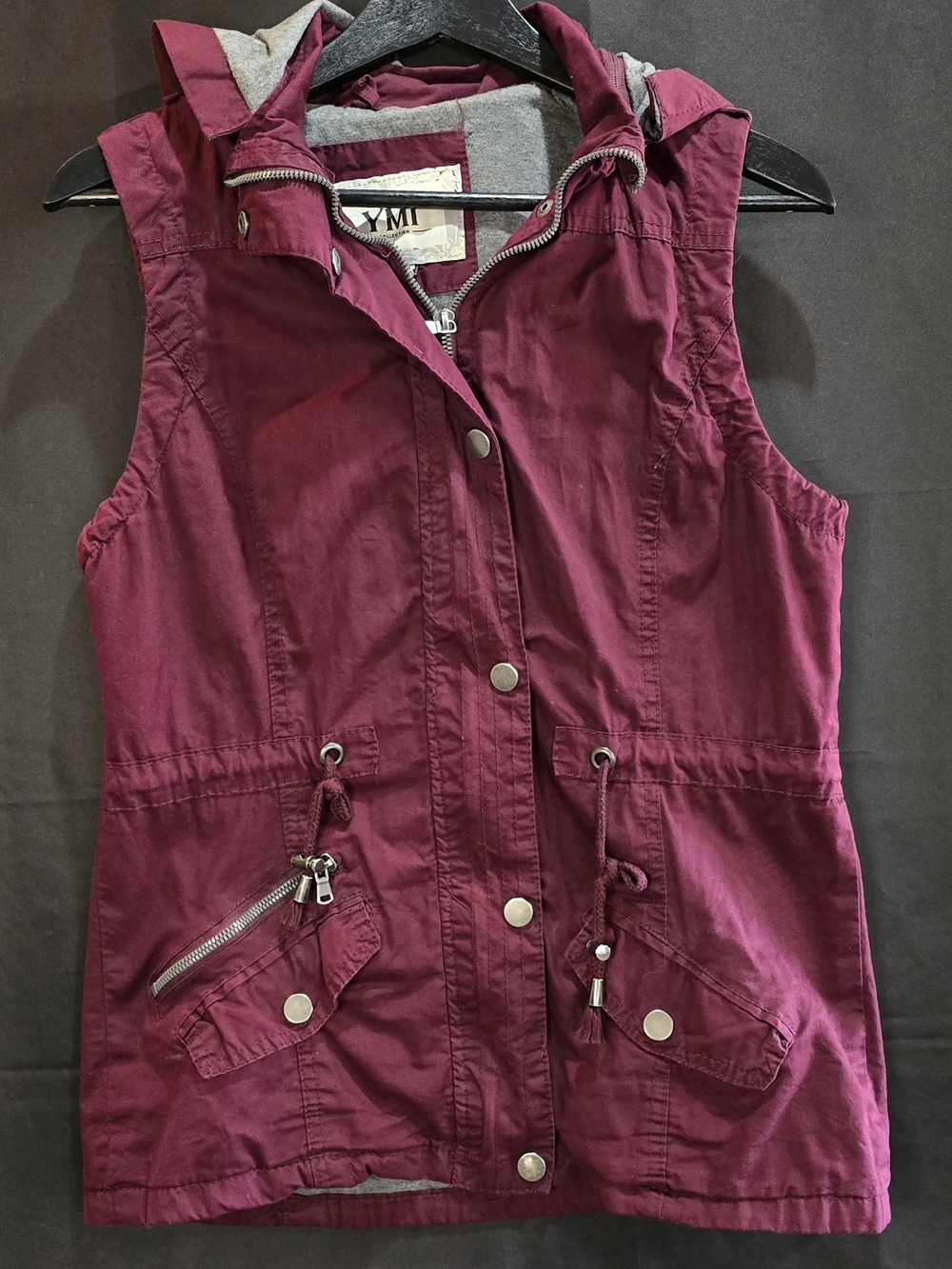 YMI Hooded Utility Cargo Vest Burgundy Maroon